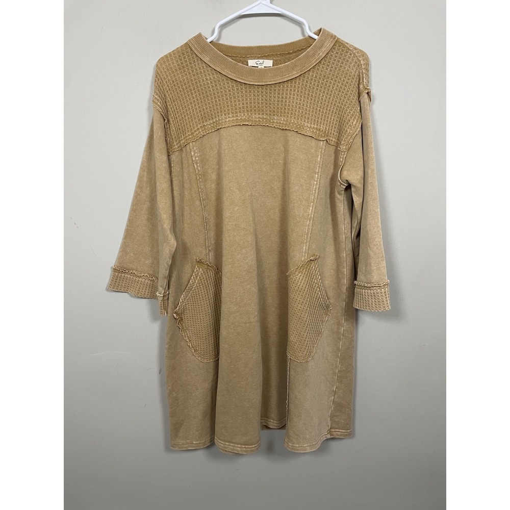 easel Tan Waffle-Trim Mini Dress